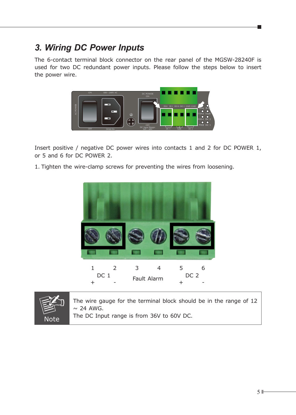 Wiring dc power inputs | PLANET MGSW-28240F User Manual | Page 5 / 12