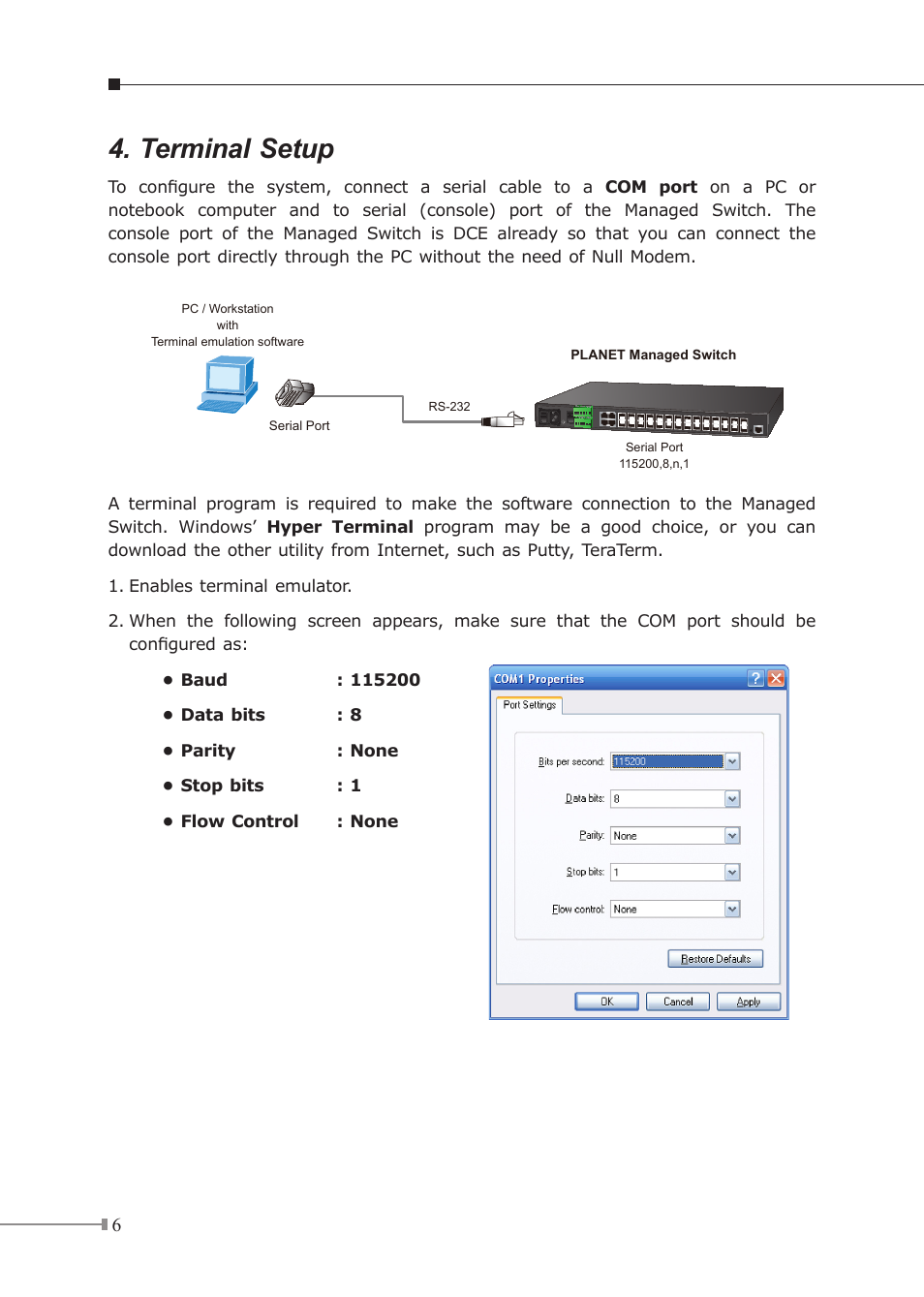 Terminal setup | PLANET MGSW-28240F User Manual | Page 6 / 12