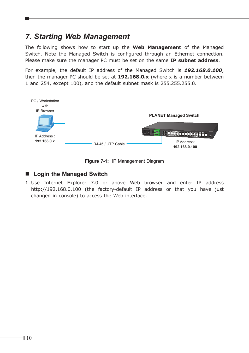 Starting web management, Login the managed switch | PLANET MGSW-28240F User Manual | Page 10 / 16
