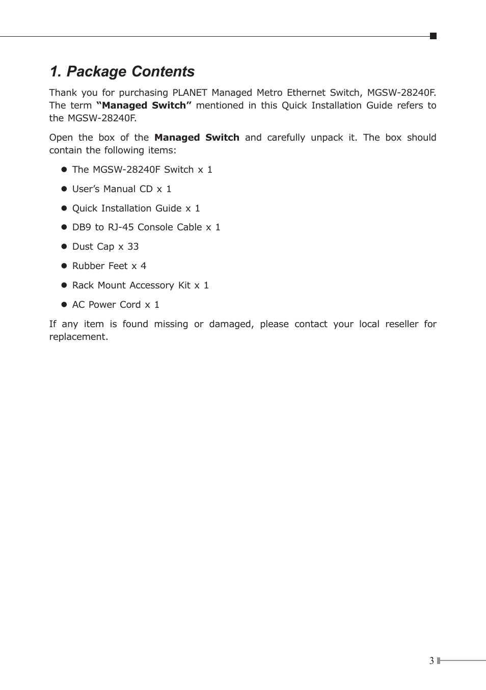 Package contents | PLANET MGSW-28240F User Manual | Page 3 / 16