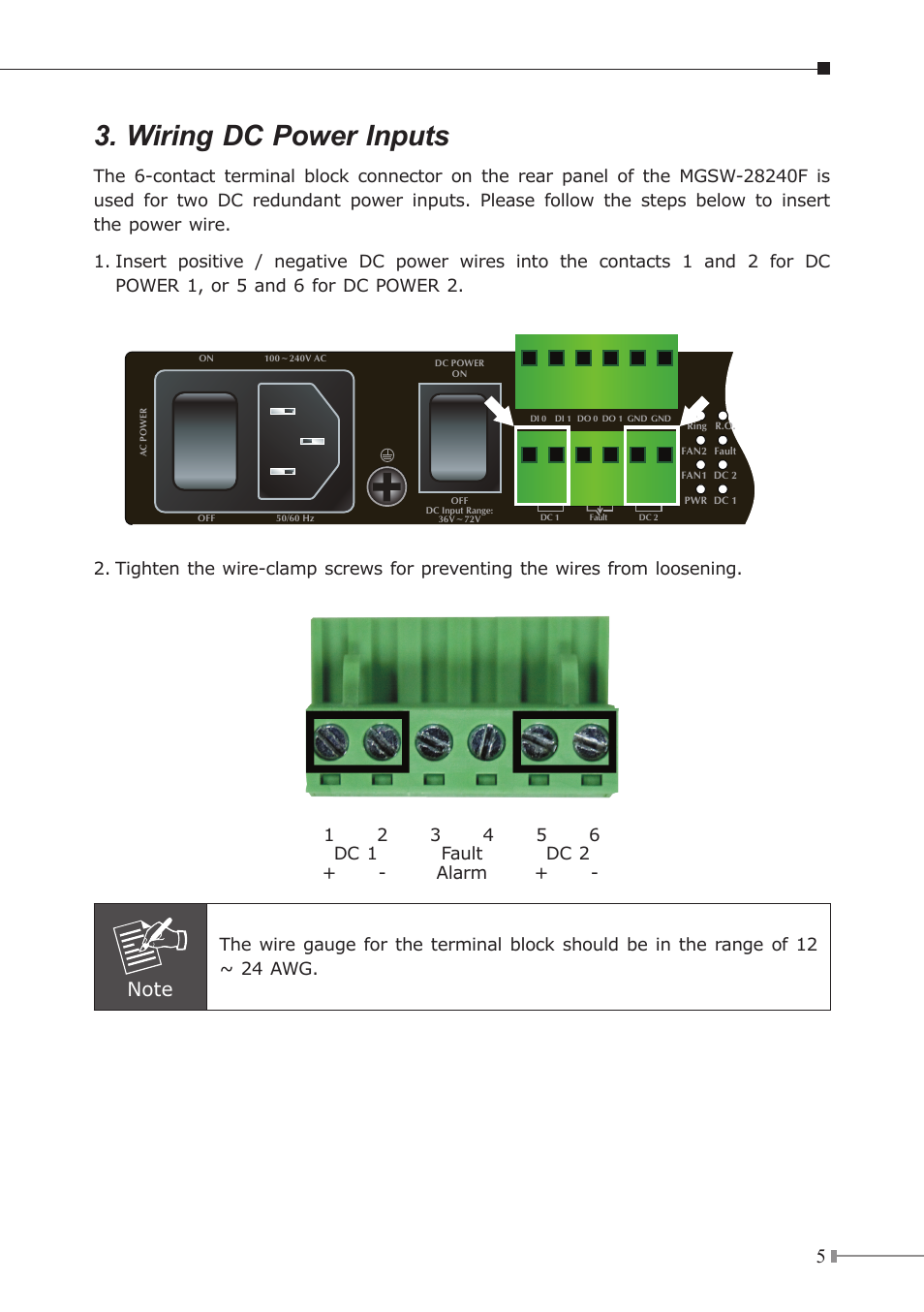 Wiring dc power inputs | PLANET MGSW-28240F User Manual | Page 5 / 16