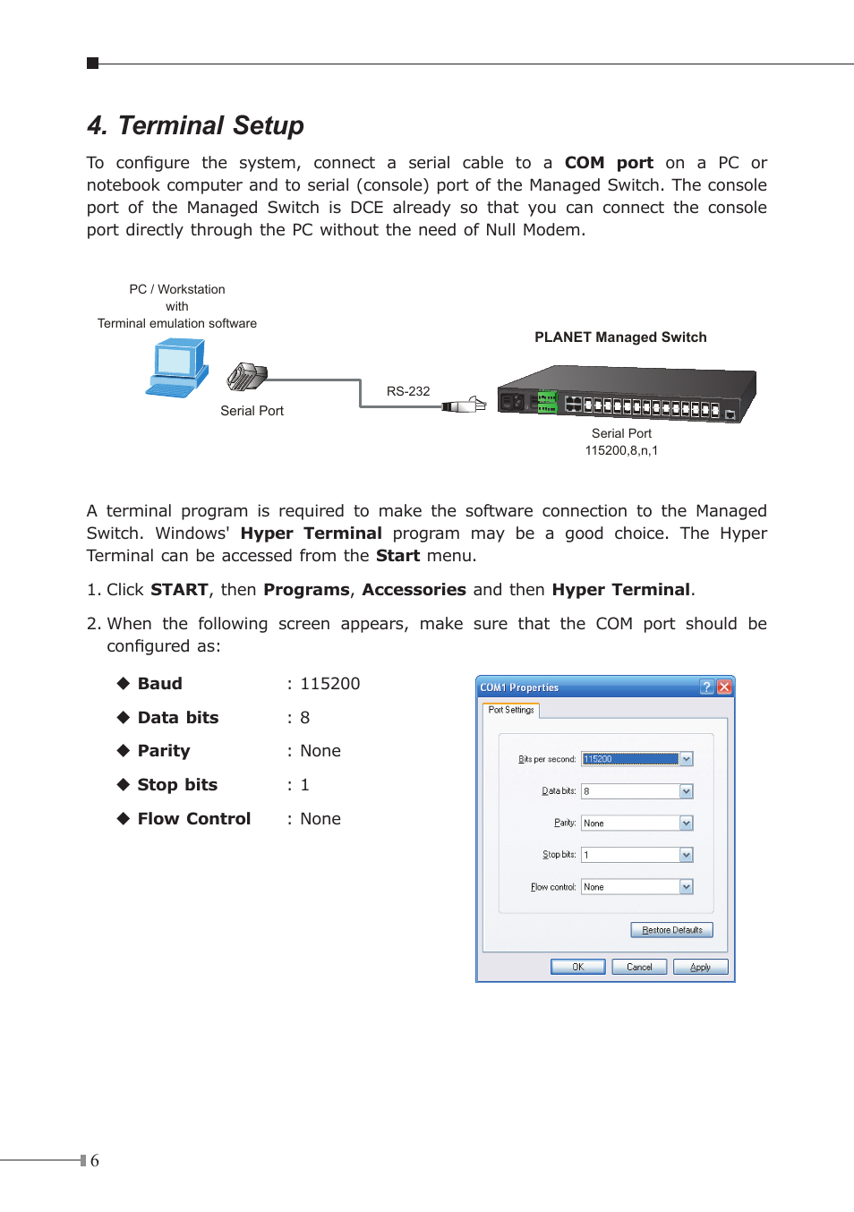 Terminal setup | PLANET MGSW-28240F User Manual | Page 6 / 16