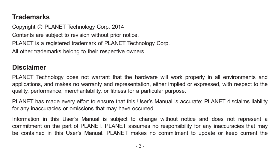 Trademarks, Disclaimer | PLANET EM-MII series_v7.0.pdf User Manual | Page 2 / 24