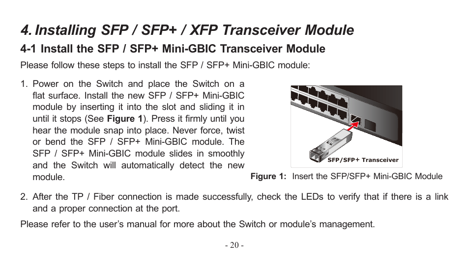 Installing sfp / sfp+ / xfp transceiver module | PLANET EM-MII series_v7.0.pdf User Manual | Page 20 / 24