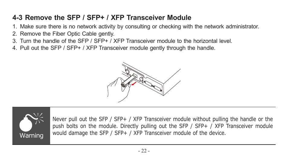 3 remove the sfp / sfp+ / xfp transceiver module, Warning | PLANET EM-MII series_v7.0.pdf User Manual | Page 22 / 24