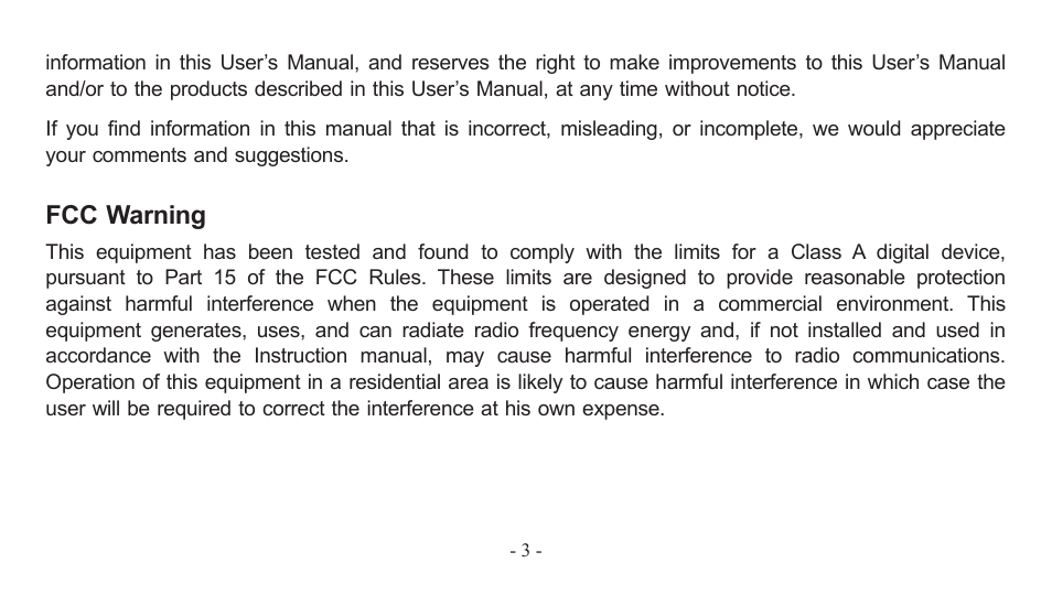 Fcc warning | PLANET EM-MII series_v7.0.pdf User Manual | Page 3 / 24