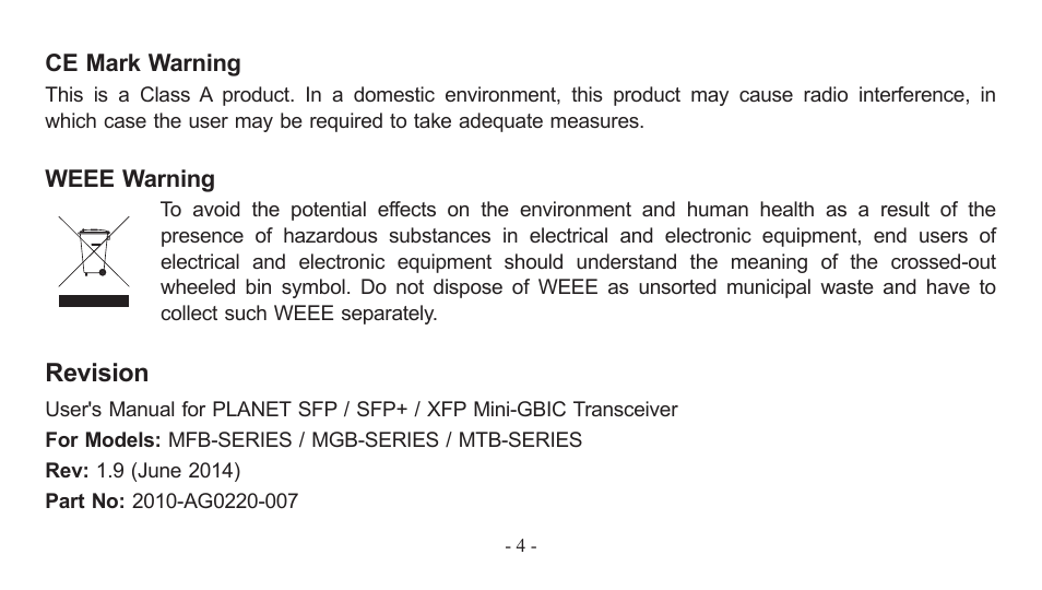 Revision | PLANET EM-MII series_v7.0.pdf User Manual | Page 4 / 24