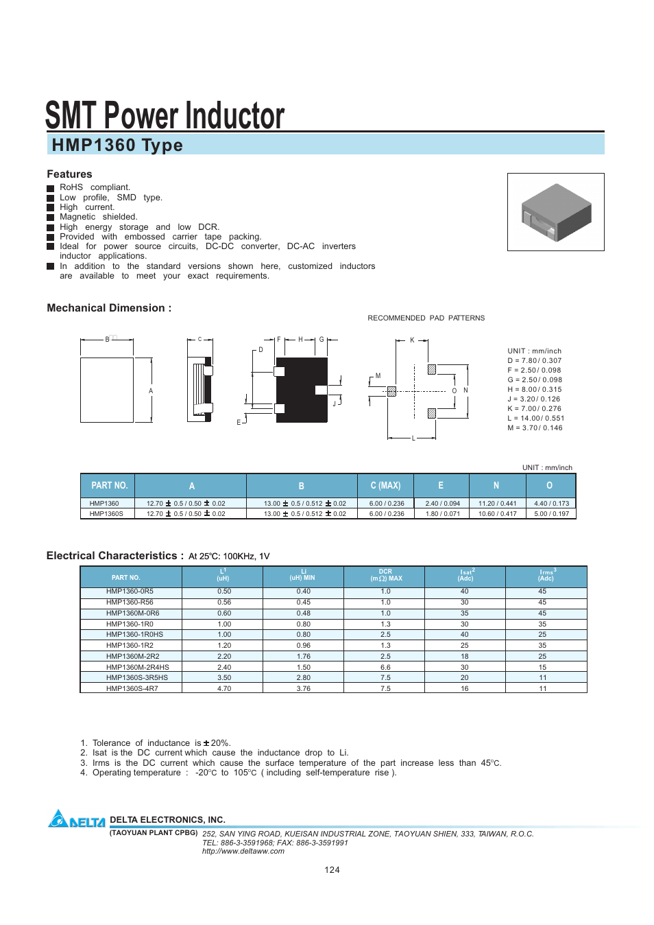 Delta Electronics SMT Power Inductor HMP1360 User Manual | 1 page