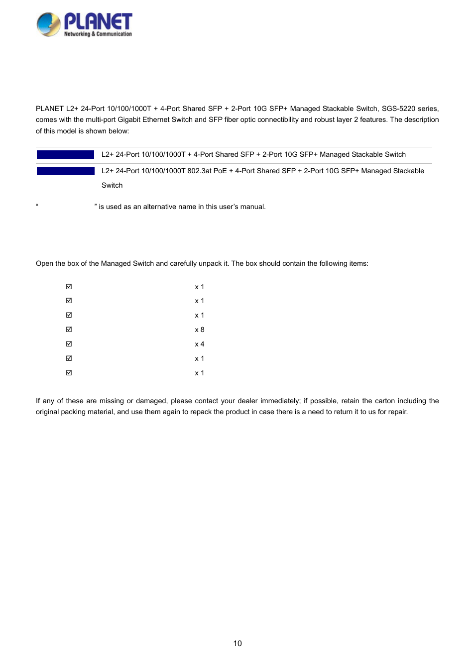 Introduction, 1 packet contents | PLANET SGS-5220-24P2X User Manual | Page 10 / 373