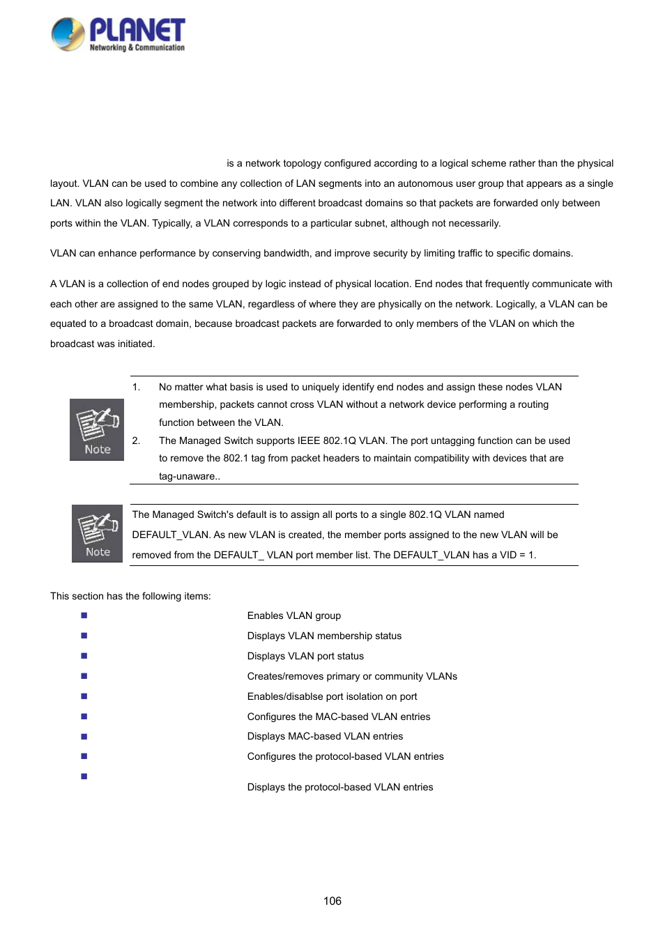 6 vlan, 1 vlan overview | PLANET SGS-5220-24P2X User Manual | Page 106 / 373