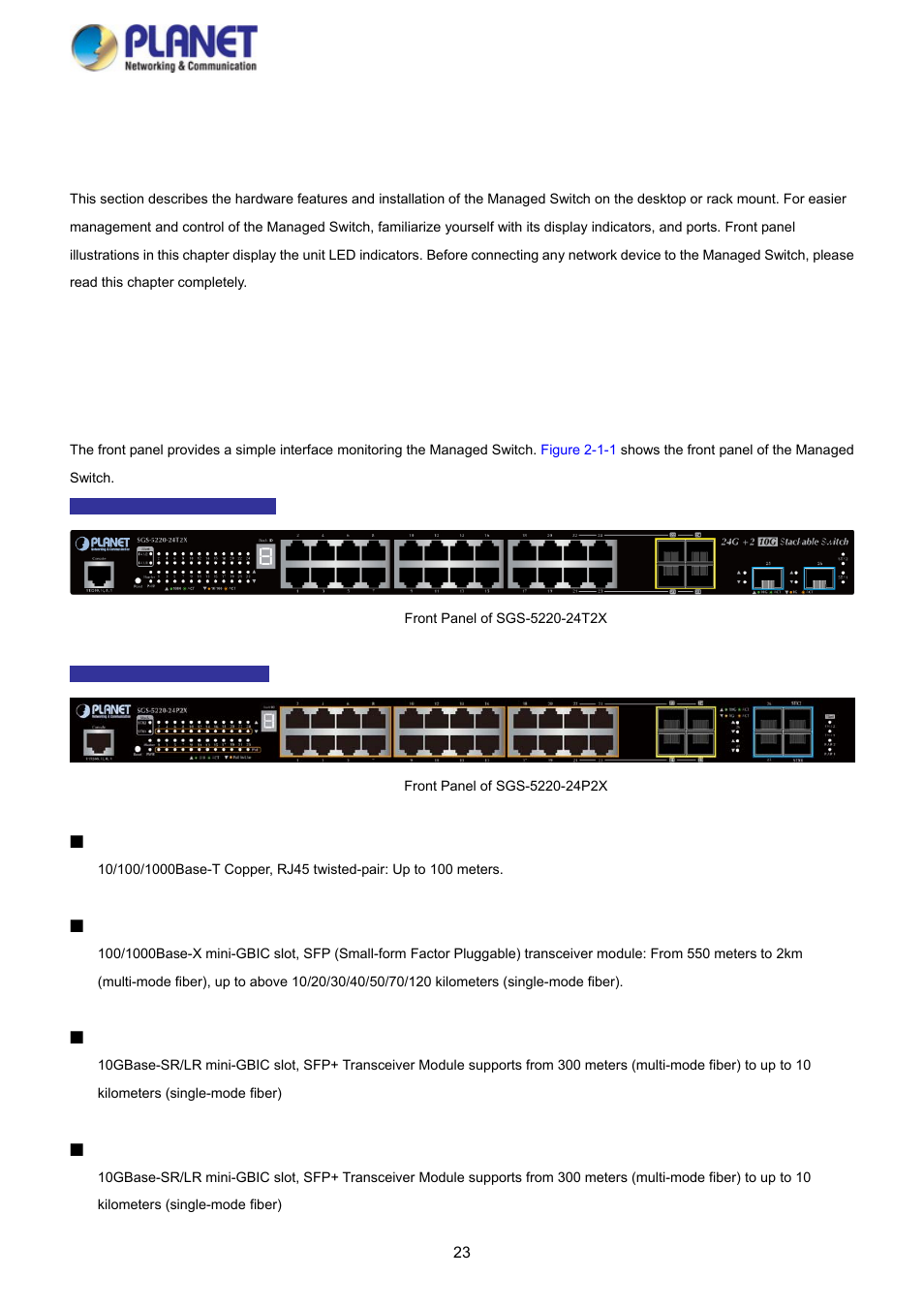 Installation, 1 hardware description, 1 switch front panel | PLANET SGS-5220-24P2X User Manual | Page 23 / 373