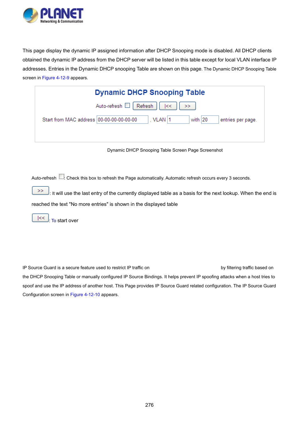 9 snooping table, 10 ip source guard configuration | PLANET SGS-5220-24P2X User Manual | Page 276 / 373