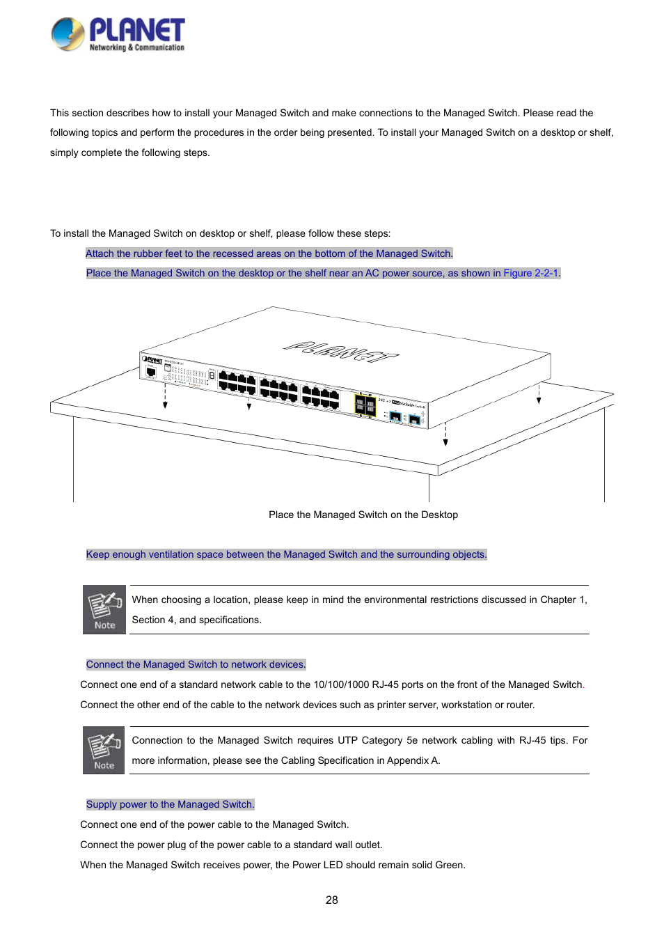 2 installing the switch, 1 desktop installation | PLANET SGS-5220-24P2X User Manual | Page 28 / 373