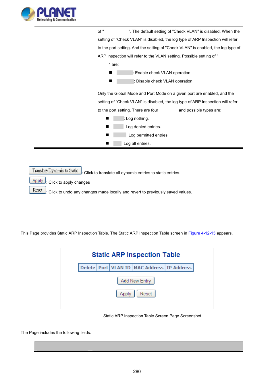 13 arp inspection static table | PLANET SGS-5220-24P2X User Manual | Page 280 / 373