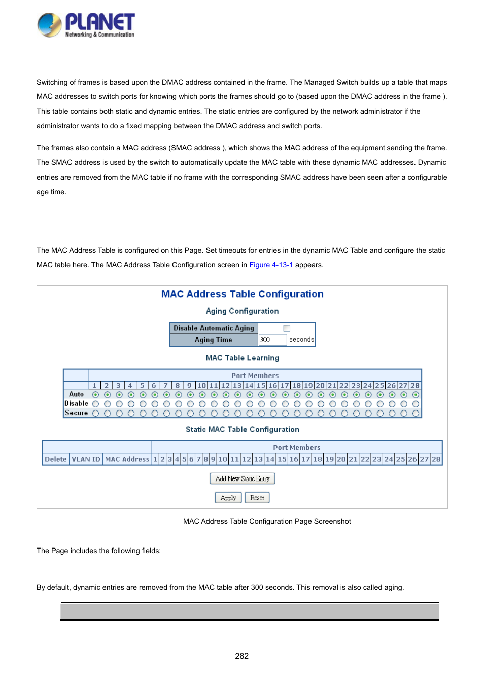 13 address table, 1 mac table configuration | PLANET SGS-5220-24P2X User Manual | Page 282 / 373