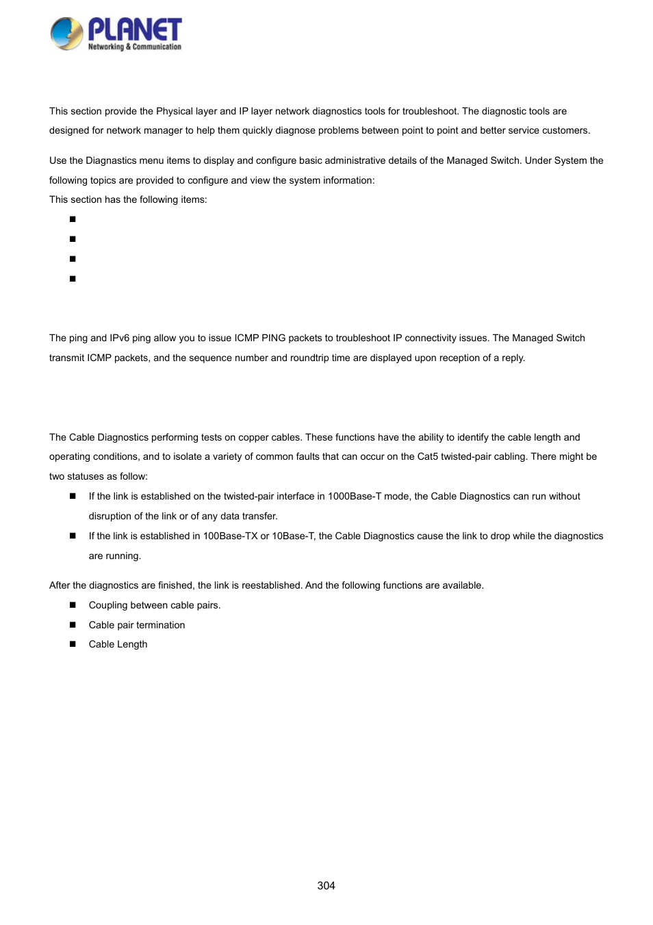 15 network diagnostics, Ping, Cable diagnostics | PLANET SGS-5220-24P2X User Manual | Page 304 / 373