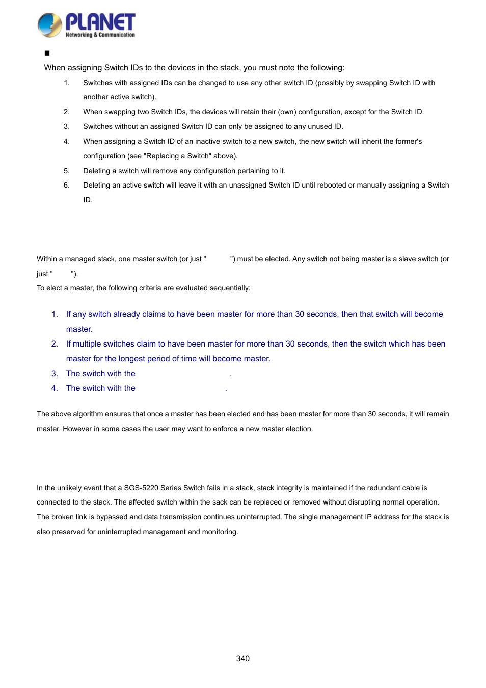2 master election, 3 stack redundancy | PLANET SGS-5220-24P2X User Manual | Page 340 / 373