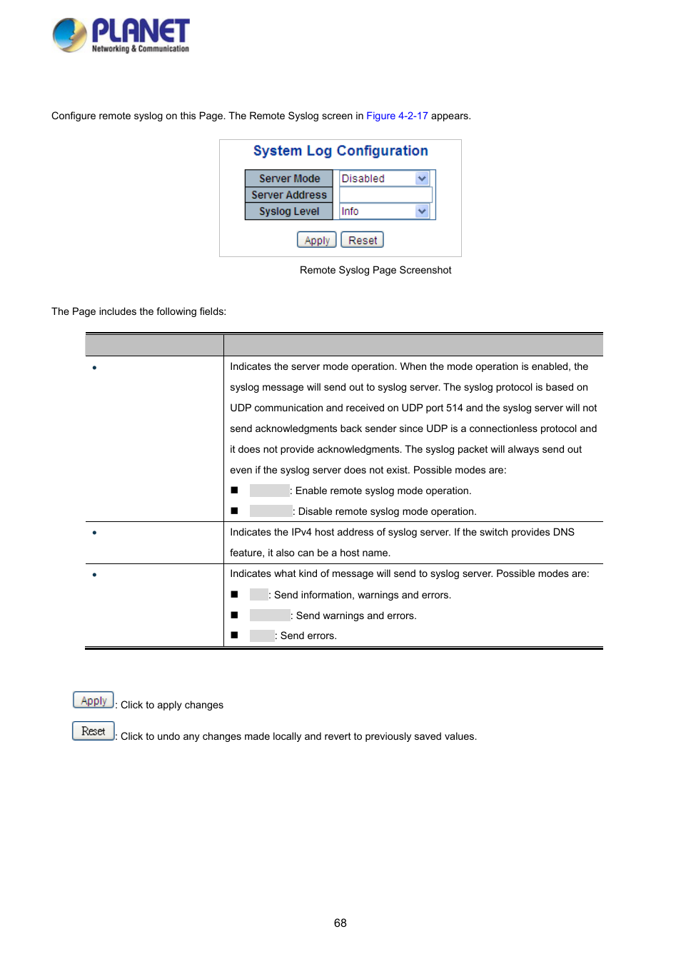 14 remote syslog | PLANET SGS-5220-24P2X User Manual | Page 68 / 373