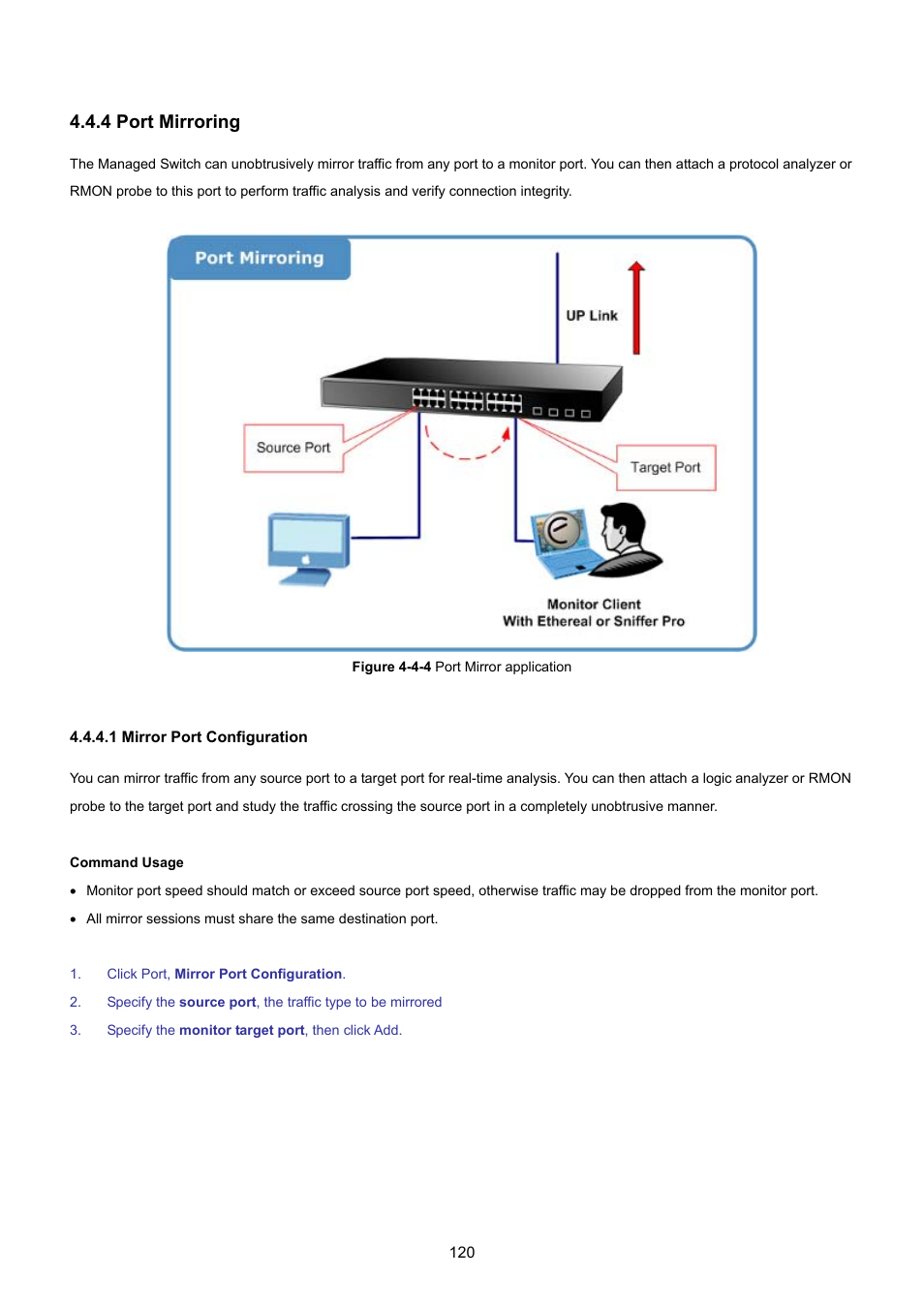 4 port mirroring, 1 mirror port configuration | PLANET SGSD-1022 User Manual | Page 120 / 693