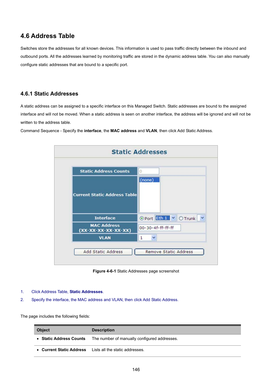 6 address table, 1 static addresses | PLANET SGSD-1022 User Manual | Page 146 / 693