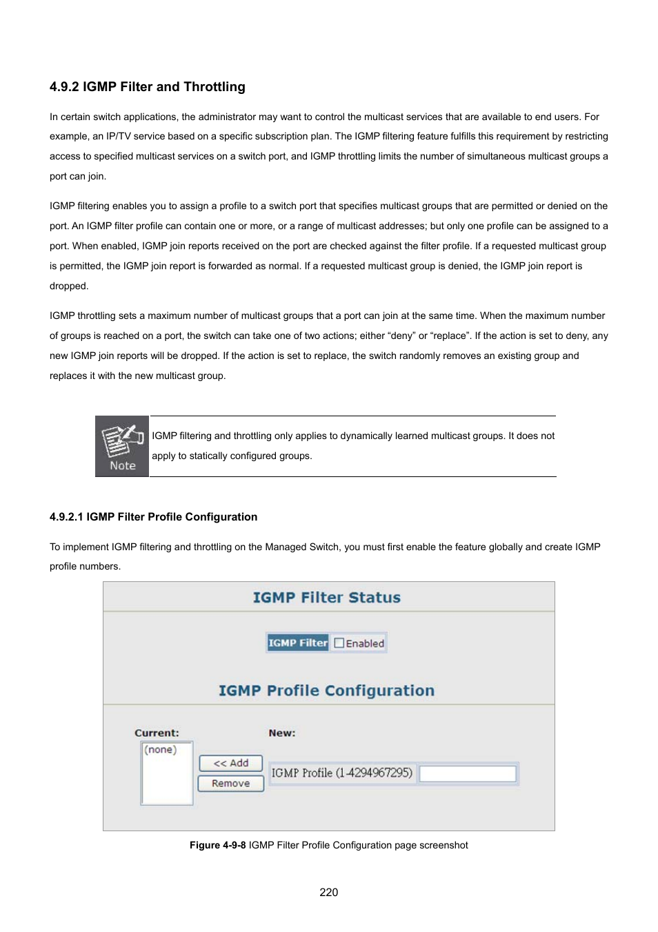 2 igmp filter and throttling, 1 igmp filter profile configuration | PLANET SGSD-1022 User Manual | Page 220 / 693