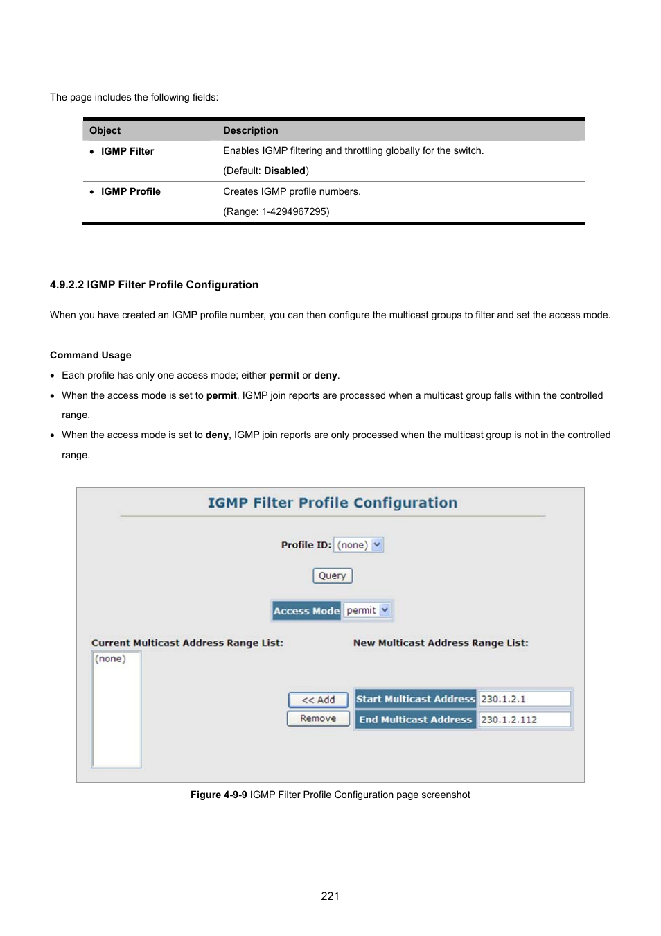 2 igmp filter profile configuration | PLANET SGSD-1022 User Manual | Page 221 / 693