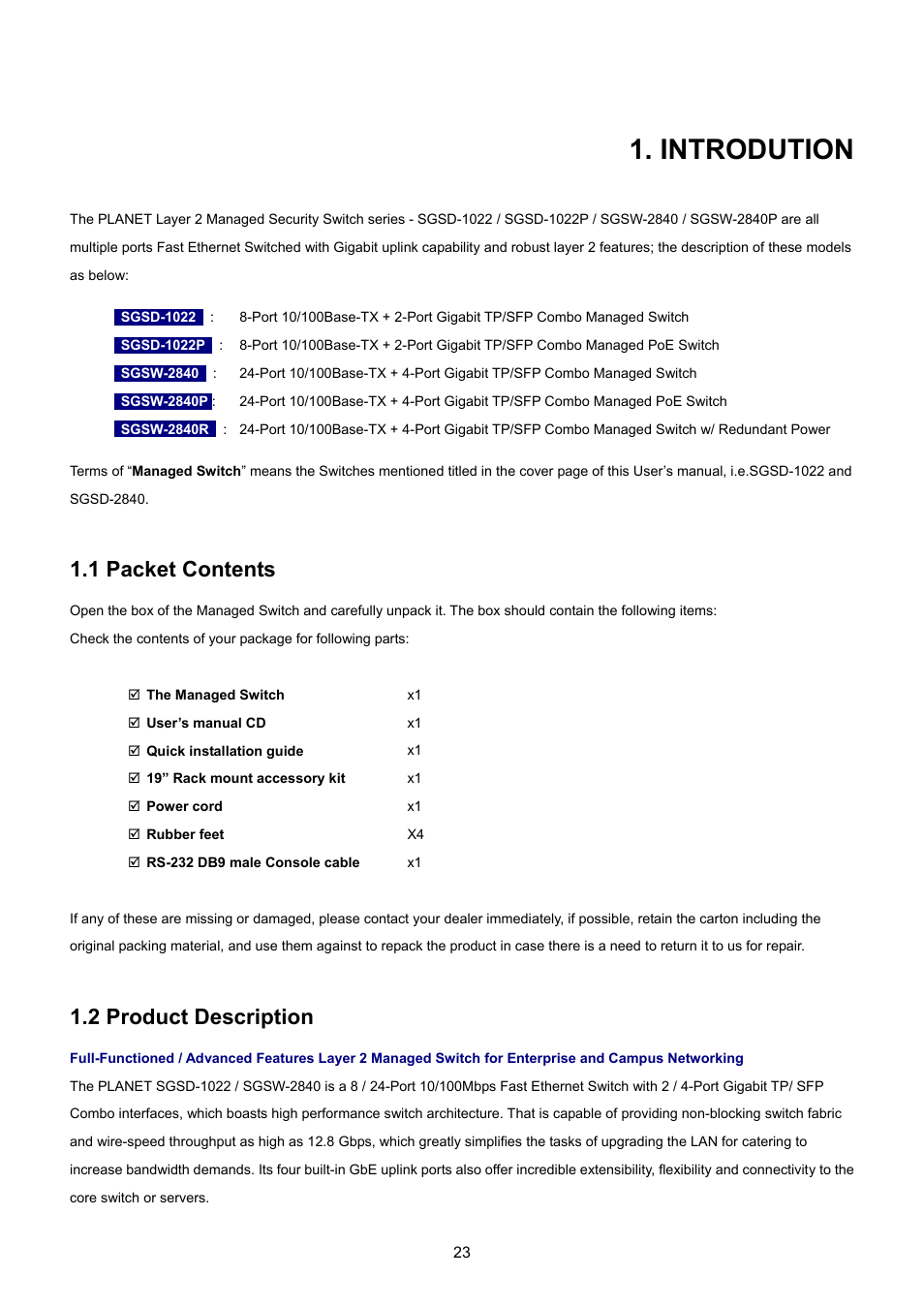 Introdution, 1 packet contents, 2 product description | PLANET SGSD-1022 User Manual | Page 23 / 693