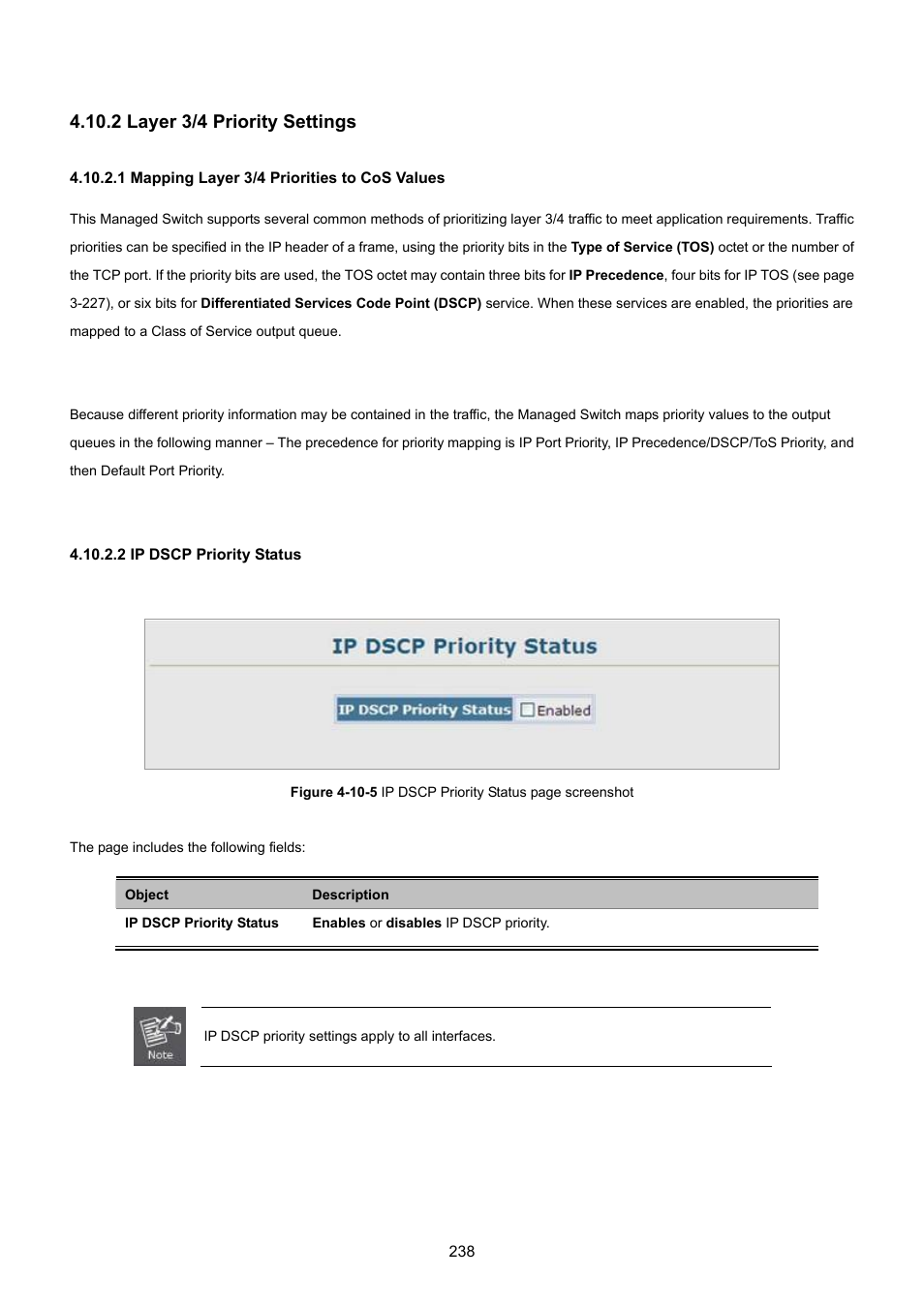2 layer 3/4 priority settings, 1 mapping layer 3/4 priorities to cos values, 2 ip dscp priority status | PLANET SGSD-1022 User Manual | Page 238 / 693