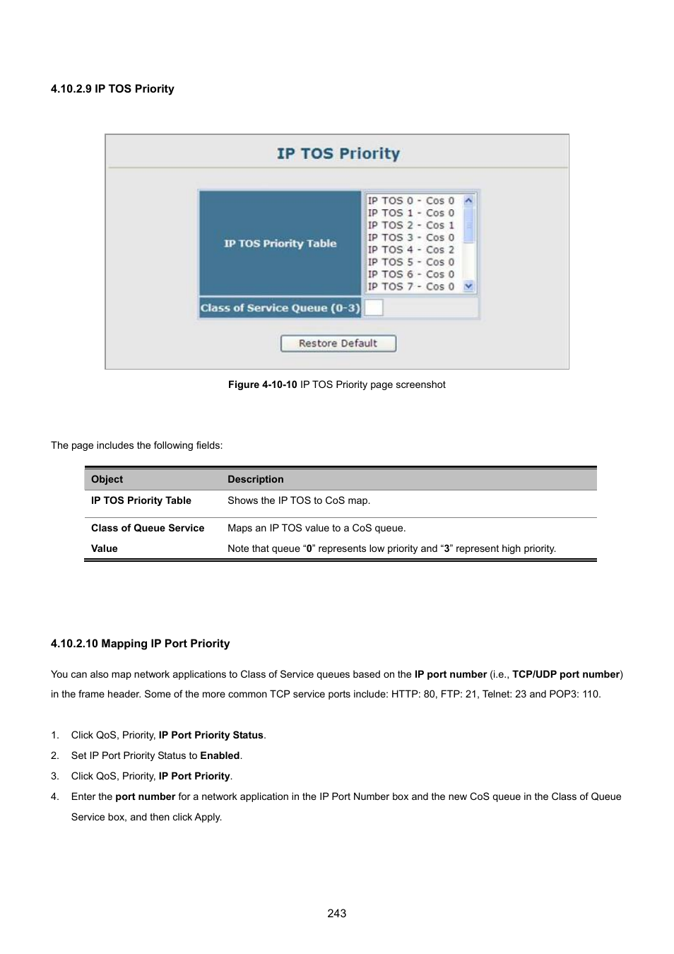 9 ip tos priority, 10 mapping ip port priority | PLANET SGSD-1022 User Manual | Page 243 / 693