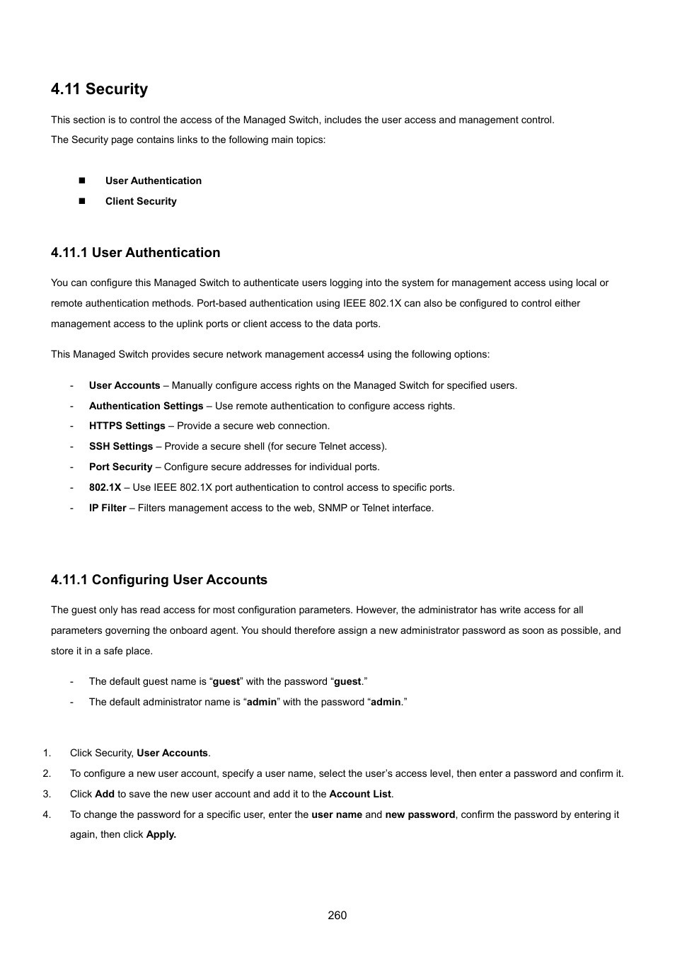 11 security, 1 user authentication, 1 configuring user accounts | PLANET SGSD-1022 User Manual | Page 260 / 693