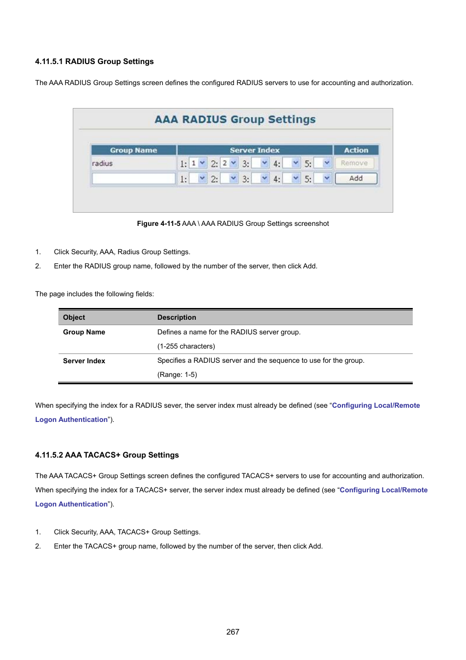 1 radius group settings, 2 aaa tacacs+ group settings | PLANET SGSD-1022 User Manual | Page 267 / 693