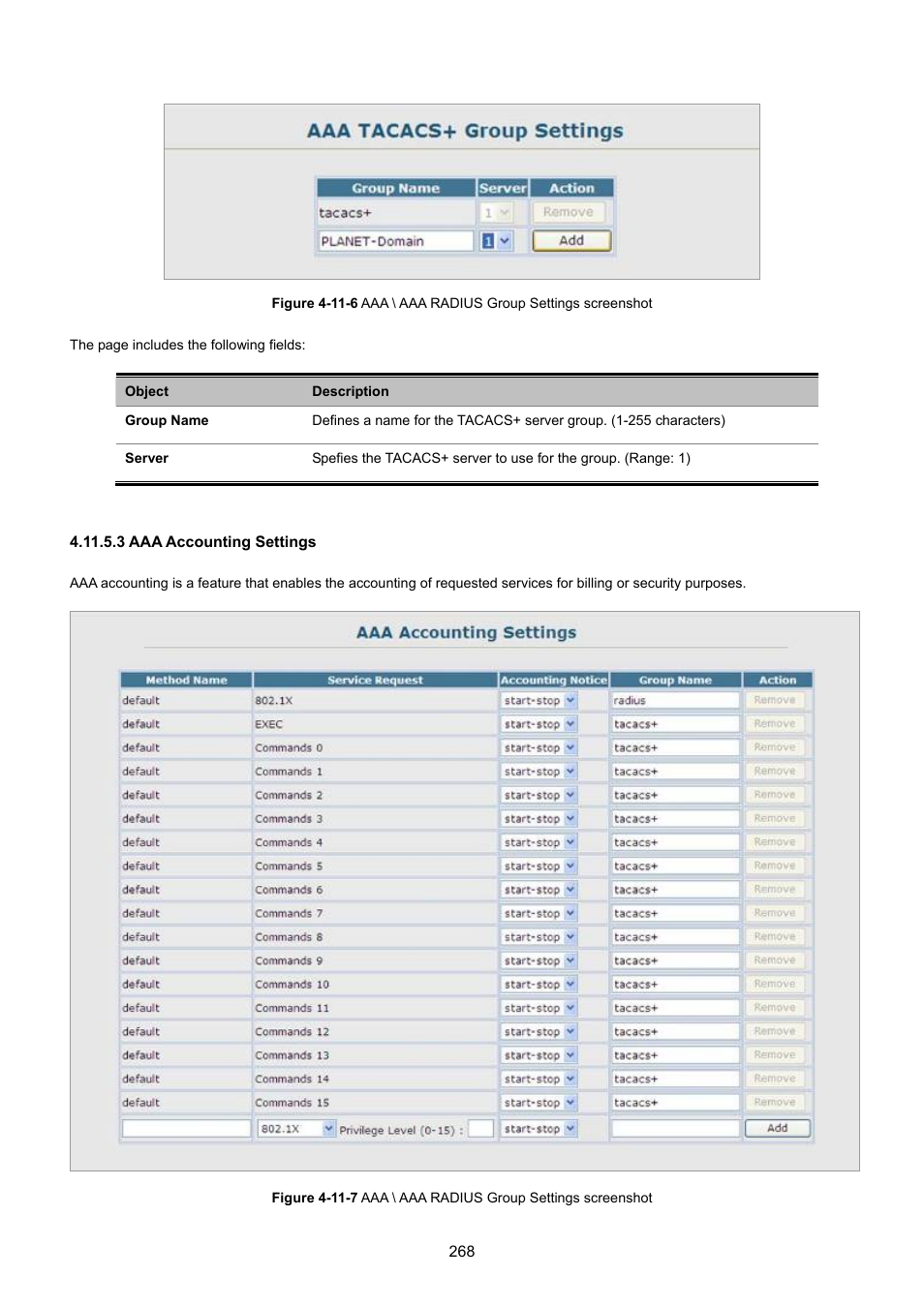 3 aaa accounting settings | PLANET SGSD-1022 User Manual | Page 268 / 693