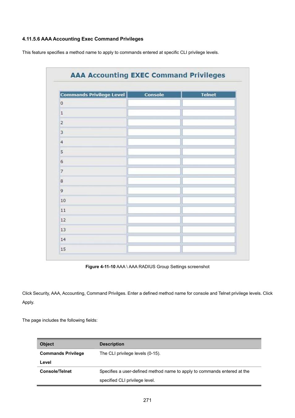 6 aaa accounting exec command privileges | PLANET SGSD-1022 User Manual | Page 271 / 693
