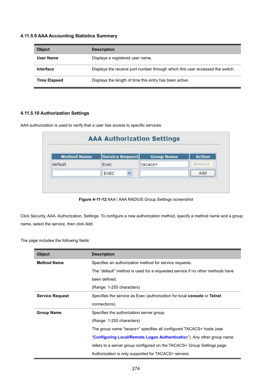 9 aaa accounting statistics summary, 10 authorization settings | PLANET SGSD-1022 User Manual | Page 274 / 693