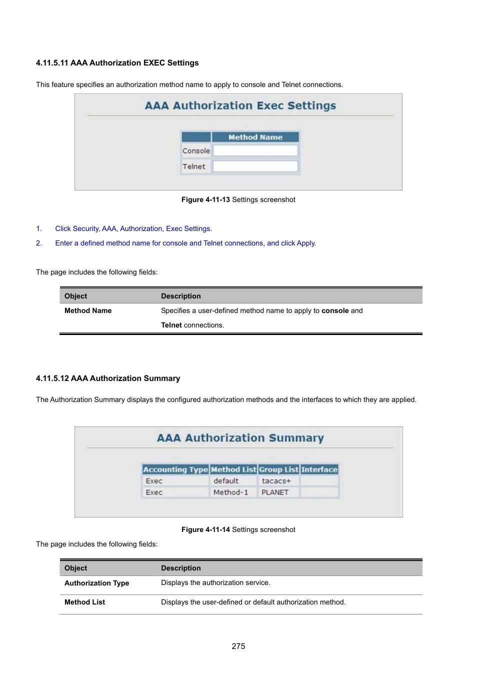 11 aaa authorization exec settings, 12 aaa authorization summary | PLANET SGSD-1022 User Manual | Page 275 / 693