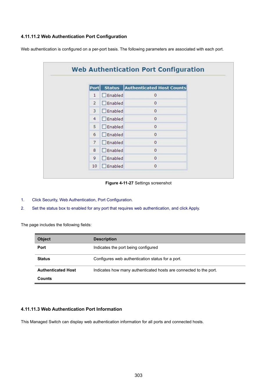 2 web authentication port configuration, 3 web authentication port information | PLANET SGSD-1022 User Manual | Page 303 / 693