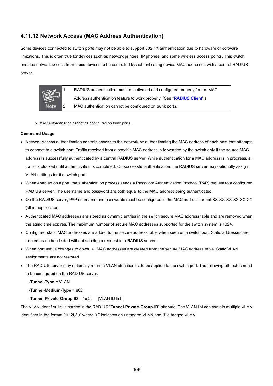 12 network access (mac address authentication) | PLANET SGSD-1022 User Manual | Page 306 / 693