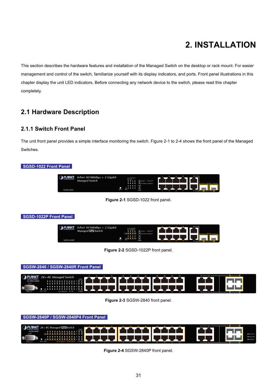 Installation, 1 hardware description, 1 switch front panel | PLANET SGSD-1022 User Manual | Page 31 / 693