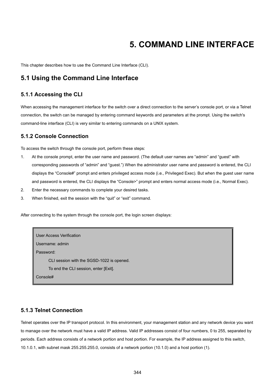 Command line interface, 1 using the command line interface, 1 accessing the cli | 2 console connection, 3 telnet connection | PLANET SGSD-1022 User Manual | Page 344 / 693