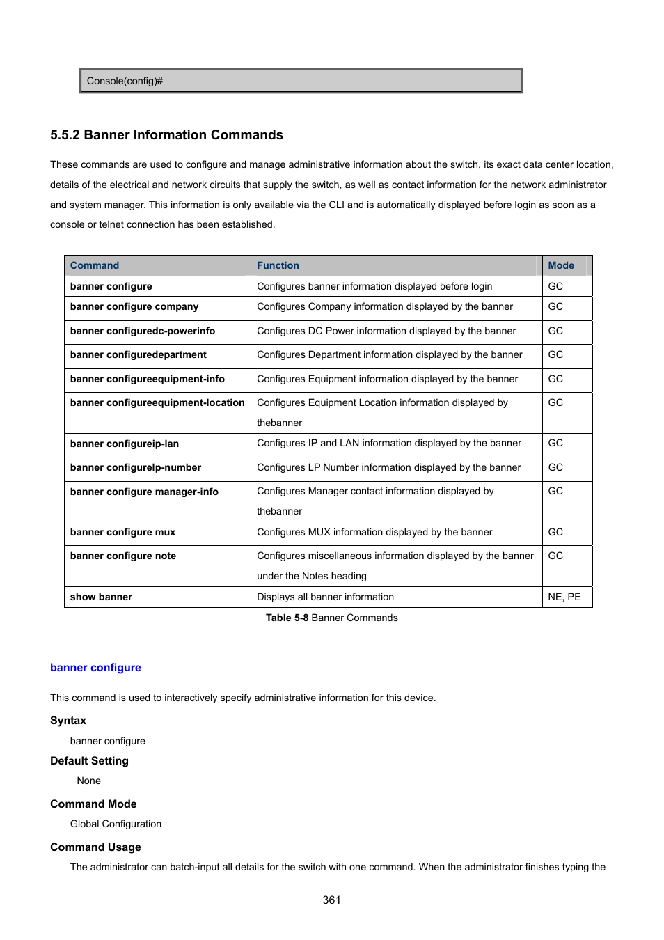2 banner information commands, Banner configure | PLANET SGSD-1022 User Manual | Page 361 / 693