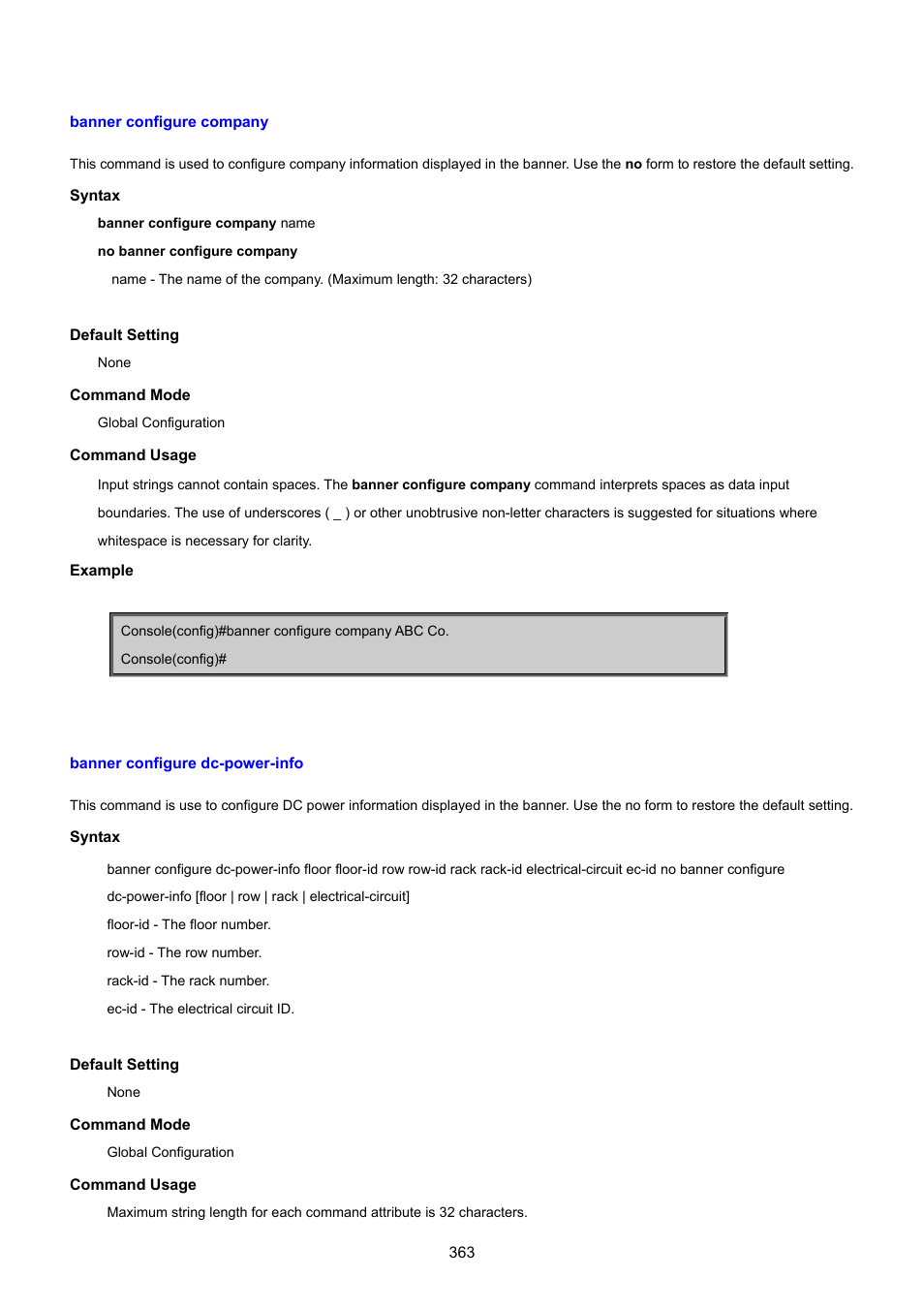 Banner configure company, Banner configure dc-power-info | PLANET SGSD-1022 User Manual | Page 363 / 693