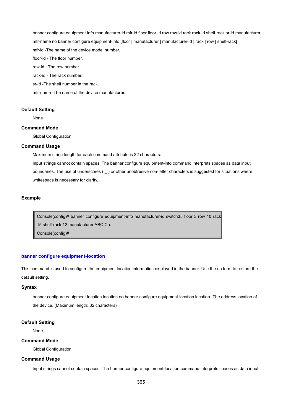 Banner configure equipment-location | PLANET SGSD-1022 User Manual | Page 365 / 693