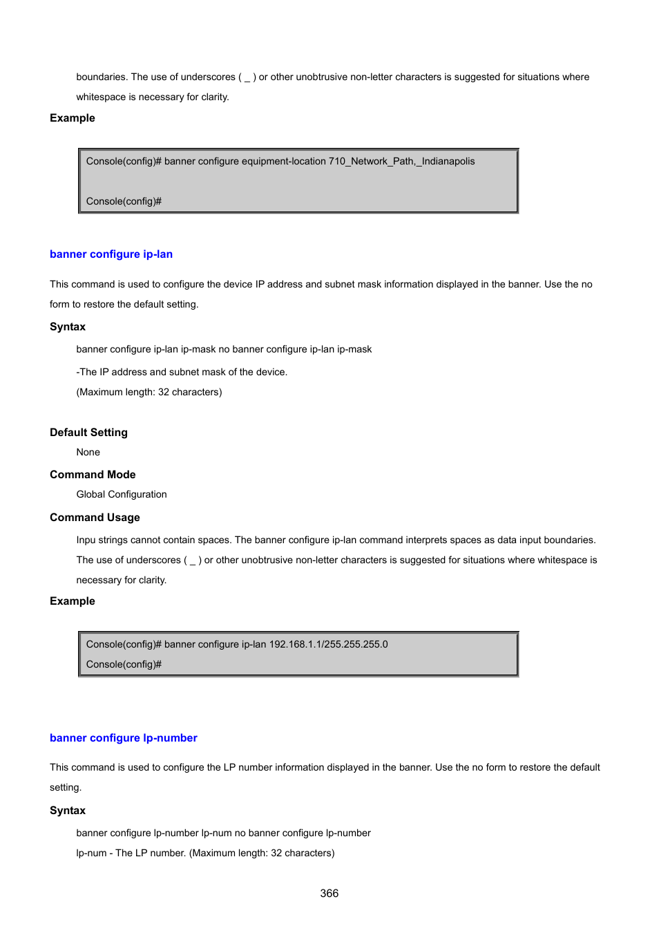 Banner configure ip-lan, Banner configure lp-number | PLANET SGSD-1022 User Manual | Page 366 / 693
