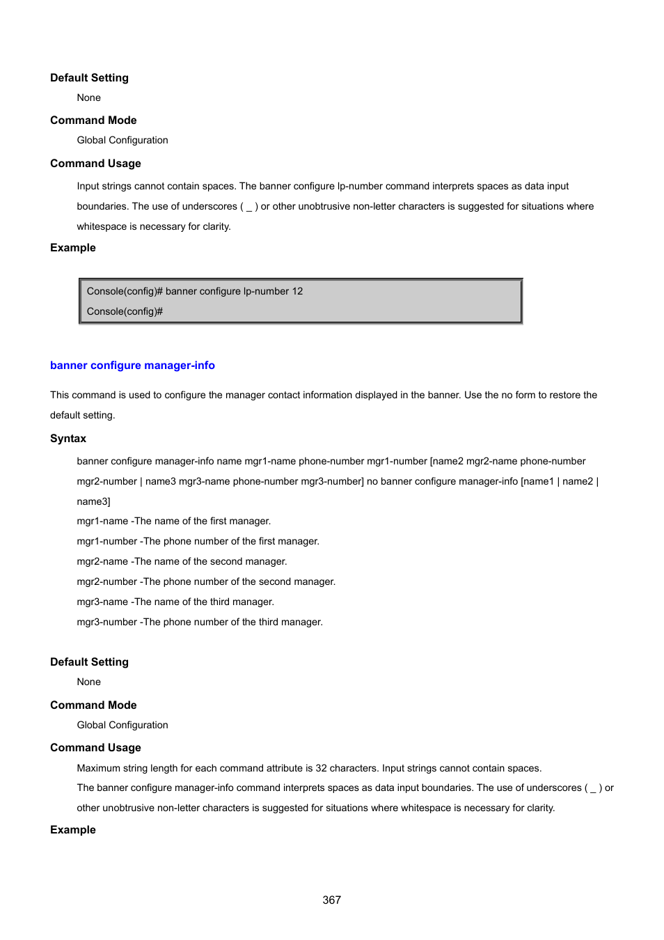 Banner configure manager-info | PLANET SGSD-1022 User Manual | Page 367 / 693