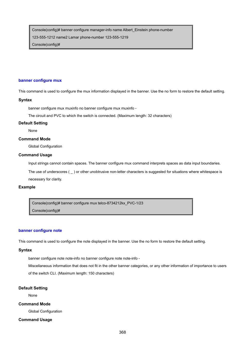 Banner configure mux, Banner configure note | PLANET SGSD-1022 User Manual | Page 368 / 693