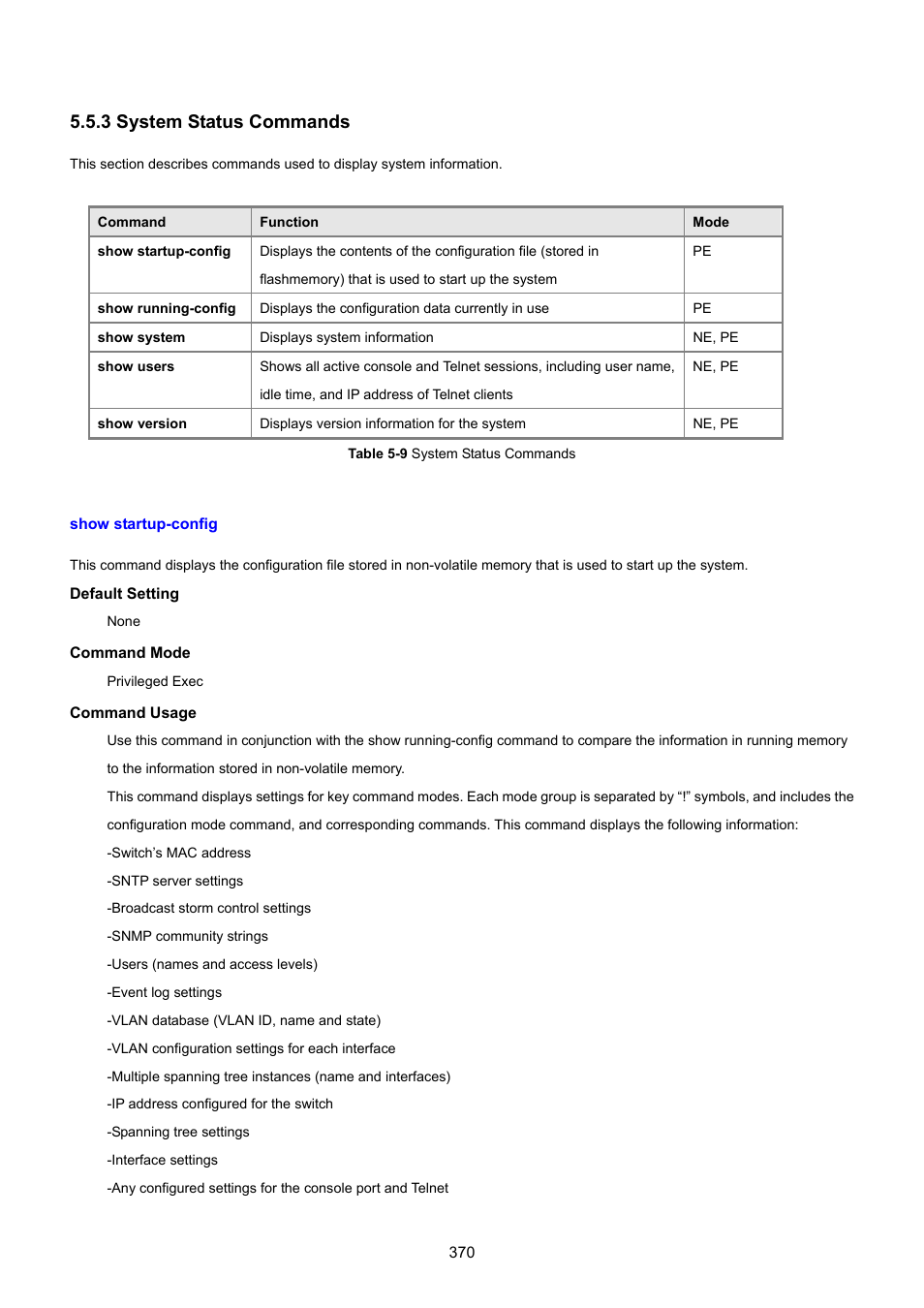 3 system status commands, Show startup-config | PLANET SGSD-1022 User Manual | Page 370 / 693