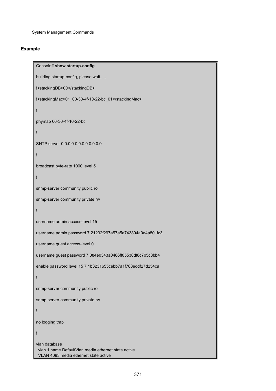 Show running-config | PLANET SGSD-1022 User Manual | Page 371 / 693