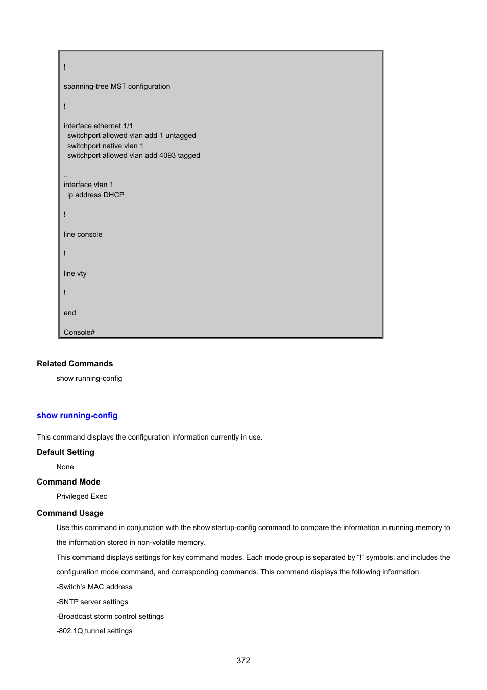 Show running-config | PLANET SGSD-1022 User Manual | Page 372 / 693