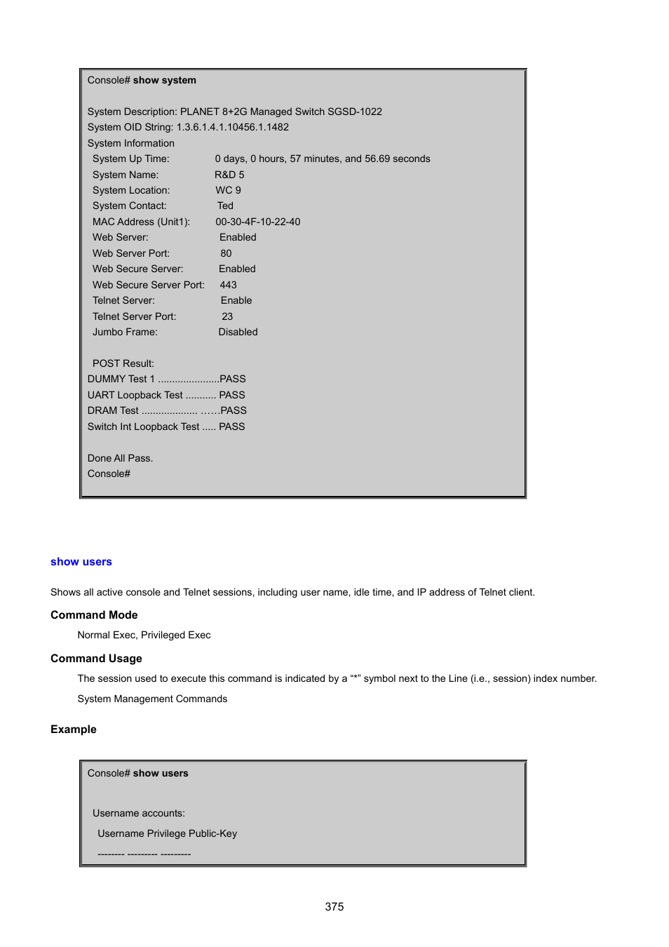 Show users | PLANET SGSD-1022 User Manual | Page 375 / 693