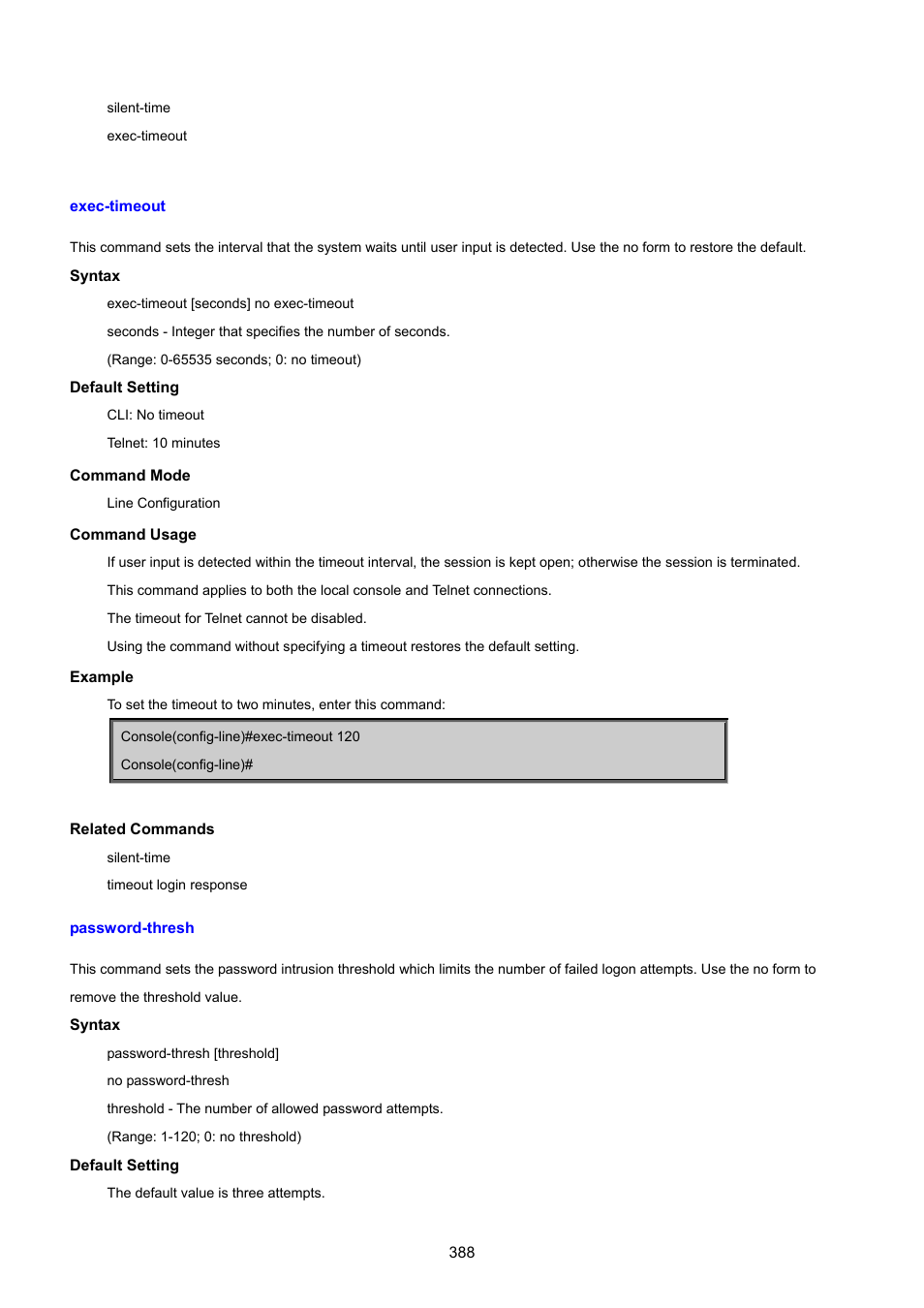 Exec-timeout, Password-thresh | PLANET SGSD-1022 User Manual | Page 388 / 693